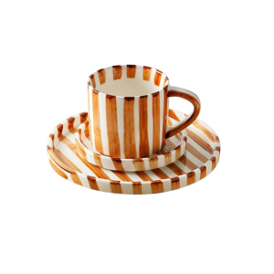 CÔTE D'AZUR STRIPE COLLECTION – HAND PAINTED ORANGE CERAMIC | Mug & Saucer {280ml}