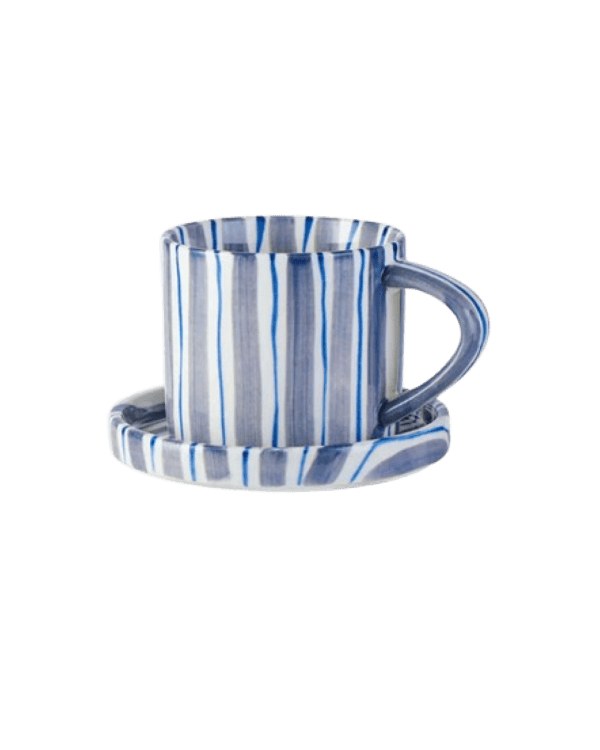 CÔTE D'AZUR STRIPE COLLECTION – HAND PAINTED BLUE CERAMIC | Mug & Saucer {280ml}