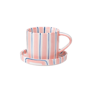 CÔTE D'AZUR STRIPE COLLECTION – HAND PAINTED PINK & BLUE CERAMIC | Mug & Saucer {280ml}