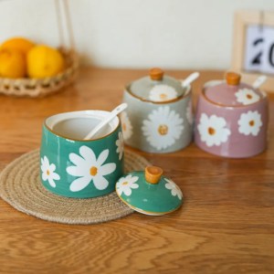 DAISIES - HAND PAINTED CERAMIC ARTISANAL GREEN | Basin Jar & Lid {250ml} - Image 2