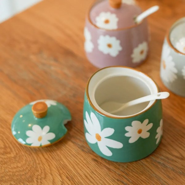 DAISIES - HAND PAINTED CERAMIC ARTISANAL GREEN | Basin Jar & Lid {250ml}