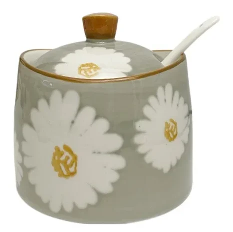 DAISIES - HAND PAINTED CERAMIC ARTISANAL GREEN | Basin Jar & Lid {250ml}