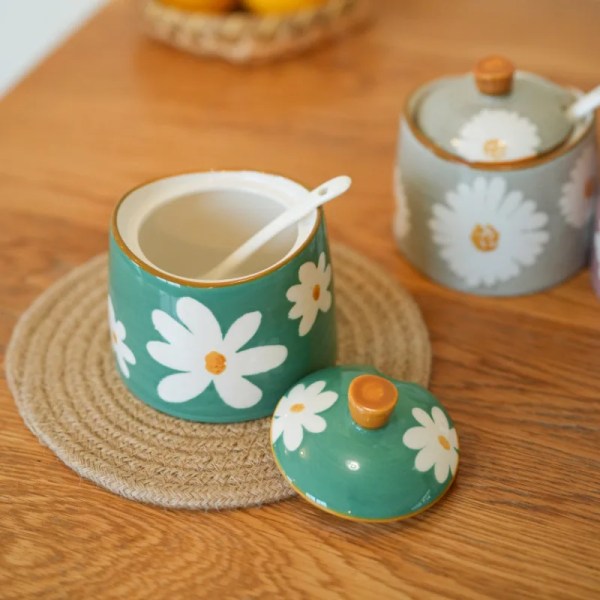 DAISIES - HAND PAINTED CERAMIC ARTISANAL GREEN | Basin Jar & Lid {250ml}