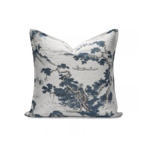 Blu Blossom Ink Painting Landscape Print Cushion Cover