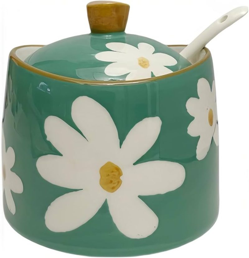 DAISIES - HAND PAINTED CERAMIC ARTISANAL GREEN | Basin Jar & Lid {250ml} - Image 8